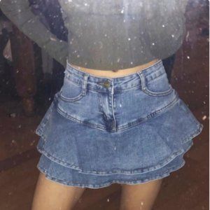 Mini denim low waist women's pleated skirt